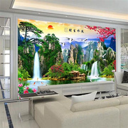 电视背景墙壁纸迎客松壁画山水中式客厅装饰影视墙布流水生财
