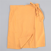 外贸黄色棉麻半身裙16L77412高腰系带不规则叠片春夏气质中裙
