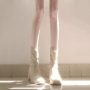白色粗跟短靴女2023秋冬季方头小个子高跟，瘦瘦靴春秋单靴裸靴