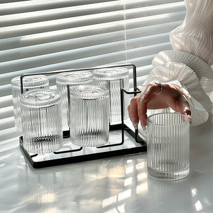 简约竖纹玻璃水杯套装客厅，家用待客杯具透明茶杯，果汁饮料咖啡杯子