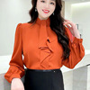 橘红色飘带衬衫女春季设计感小众长袖上衣，蝴蝶结洋气雪纺衬衣