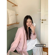 kumikumi高级感粉色西装，外套女装春季气质，中长款宽松灰色西服上衣