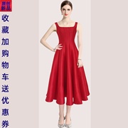 2023秋女装收腰显瘦玫，红色小礼服吊带连衣裙