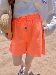 粉色短裤女夏季2021韩版宽松bf高腰松紧百搭外穿休闲运动热裤