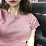 性感宣誓~颜色不错OHH 复古圆领修身短袖TEE 韩国弹力字母T恤上衣