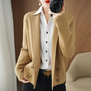 羊毛短款外套女秋冬西装领外搭上衣宽松纯色长袖羊绒针织开衫