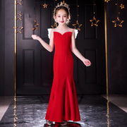 红色长款小主持人演出服模特，走秀欧美公主裙女晚礼服儿童礼服