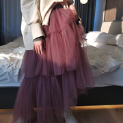 高级感纱裙女半身秋冬蓬蓬，高腰显瘦不规则，仙女裙紫色中长款蛋糕裙