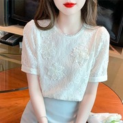 韩国圆领短袖雪纺衫女夏季2024年复古刺绣蕾丝花边袖t恤上衣