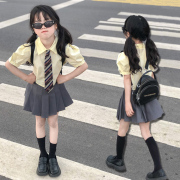 韩国女童套装学院风甜美夏装短袖，衬衫上衣网红潮大童百褶半身短裙