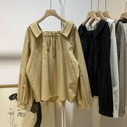 秋季韩版洋气时髦个性设计polo翻领，长袖短款衬衫，女宽松套头娃娃衫