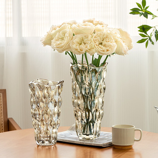 水晶玻璃花瓶摆件客厅透明插花玫瑰，轻奢高级感鲜花，百合餐桌插花瓶