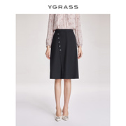 VGRASS法式黑色羊毛高腰半身裙女春高腰开叉设计VSB2O11310
