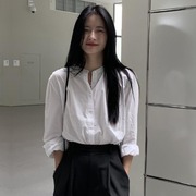 韩国chic春季复古设计感小众泡泡袖，圆领单排扣白色衬衫女长袖衬衣