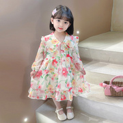 韩国女童公主裙超仙春秋款2024长袖雪纺长裙娃娃领碎花连衣裙