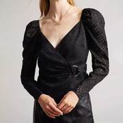 欧美时尚春夏装黑色洋气，设计长袖上衣腰带小外套女装衬衣