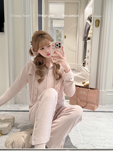 CreamySweet 延伸舒适日常 毛绒感粉色卫衣外套垂感长裤懒人套装