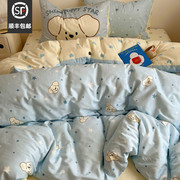 晚安猫ins可爱卡通小狗，床上纯棉四件套全棉床单，被套宿舍3件套床品
