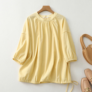 黄色t恤衫休闲女装衬衫衬衣，圆领设计感休闲t恤上衣女宽松夏季小衫