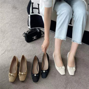 甜美蝴蝶结法式高跟鞋，女粗跟2024年春季方头舒适女士复古单鞋