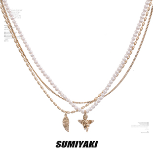 SUMIYAKI 美式复古雾金色天使珍珠项链羽毛锁骨链多层高级感吊坠