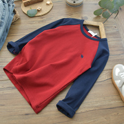 儿童深蓝拼红色插肩修身打底衫，纯棉韩版男童，圆领磨毛长袖t恤