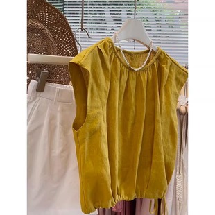 姜黄色棉麻背心无袖衬衫女士夏季温柔风上衣气质穿搭减龄
