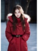 中长款羽绒服女冬季2023红色毛领连帽棉衣，棉服今年流行的