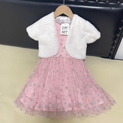 女童套装礼服裙，2-7岁粉色背心短袖，网纱中童连衣裙毛绒短袖外套