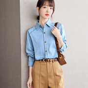 沐娜希牛仔衬衫女长袖，春季2024韩版气质衬衣复古女装纯棉上衣