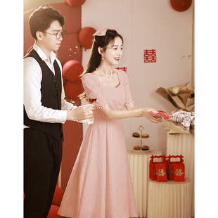 粉色礼服日常可穿敬酒服订婚连衣裙生日参加婚礼，小个子回门伴娘服