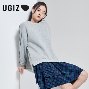 UGIZ春秋季韩版女装假两件格纹中长款宽松连衣裙女UCLD911