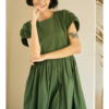 VIMIE2022夏季复古森林绿宽松长款连衣裙棉质大裙摆纯色长裙