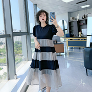 韩版拼接条纹A字版型长裙大码女装200斤胖MM宽松遮肉减龄潮连衣裙