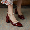 晚晚风珍珠一字扣单鞋女法式设计感温柔仙女鞋小众气质红色高跟鞋