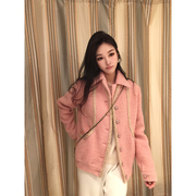 Boamarket 粉色小香细闪格纹外套女冬季优雅贵气羊毛混纺上衣