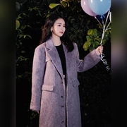 中长款格子气质女呢子大衣韩系高级西装外套紫大衣经典H型大廓