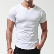 t恤男士短袖个性小v领修身纯棉打底衫前短后长紧身夏季纯色体恤潮
