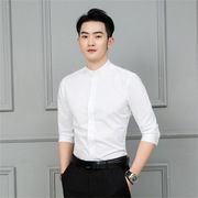 2024中式男装男衬衫，男士长袖寸衫立领纯白色韩版