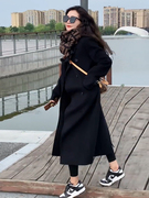 黑色西装毛呢外套，女中长款2023年冬季赫本风正肩，呢子大衣加厚