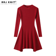 秋冬季加厚红色长裙针织圆领，连衣裙收腰打底修身毛衣小个子a字裙