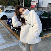 韩版白色兔毛皮草外套，女冬季短款年轻款时尚立领毛毛加厚冬季