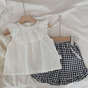 韩版女童夏季无袖上衣洋气，宝宝蕾花边白色，娃娃衫公主小童小衫宽松