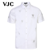 VJC/威杰思2023夏季男装白色翻领衬衫字母烫钻修身商务上衣