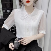 娃娃领雪纺白色衬衫女短袖2023夏季洋气减龄小衫时尚超仙上衣