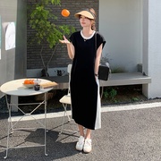 cherrykoko2024夏季韩版拼接撞色连衣裙，女中长款圆领短袖宽松