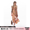 ziziFei夏美式设计感格纹收腰修身显瘦开叉吊带橘色格子连衣裙女