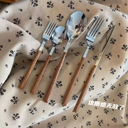 不锈钢餐具勺子叉筷子套装仿木纹，长柄ins精致便携家用甜品小勺子