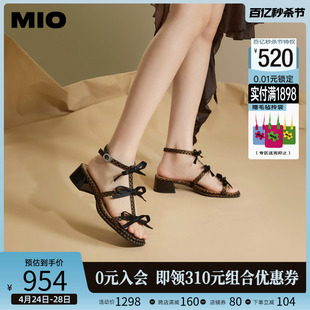 mio米奥2024年夏季拼色方头，时装凉鞋蝴蝶结中跟时尚个性凉鞋女鞋