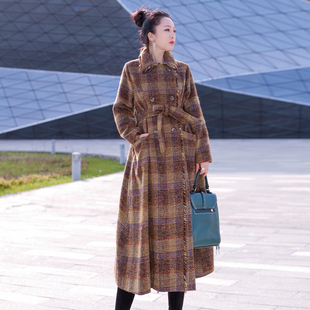 韩版2022秋冬新格子(新格子，)风衣外套，女中长款英伦风气质羊毛格纹大衣女